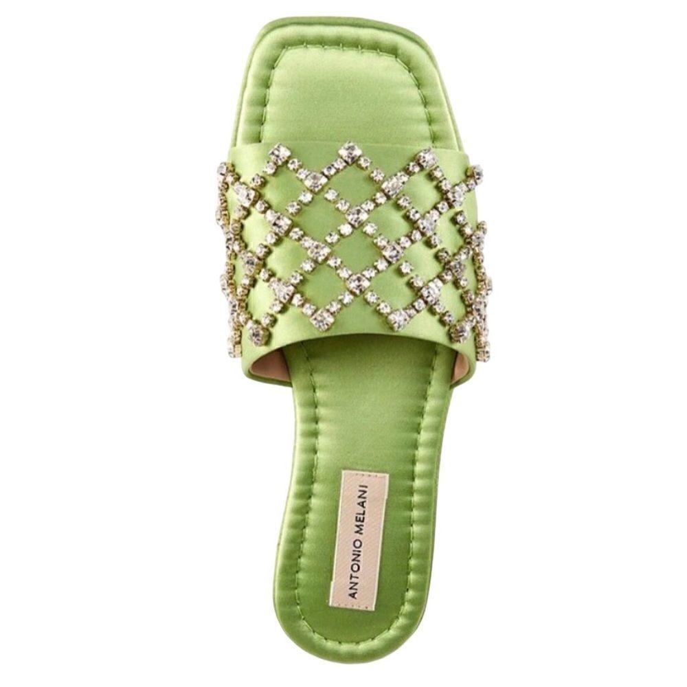 NWT Antonio Melani Dacie Satin Jeweled Flat Square Toe Slides Algae Green Size:7
